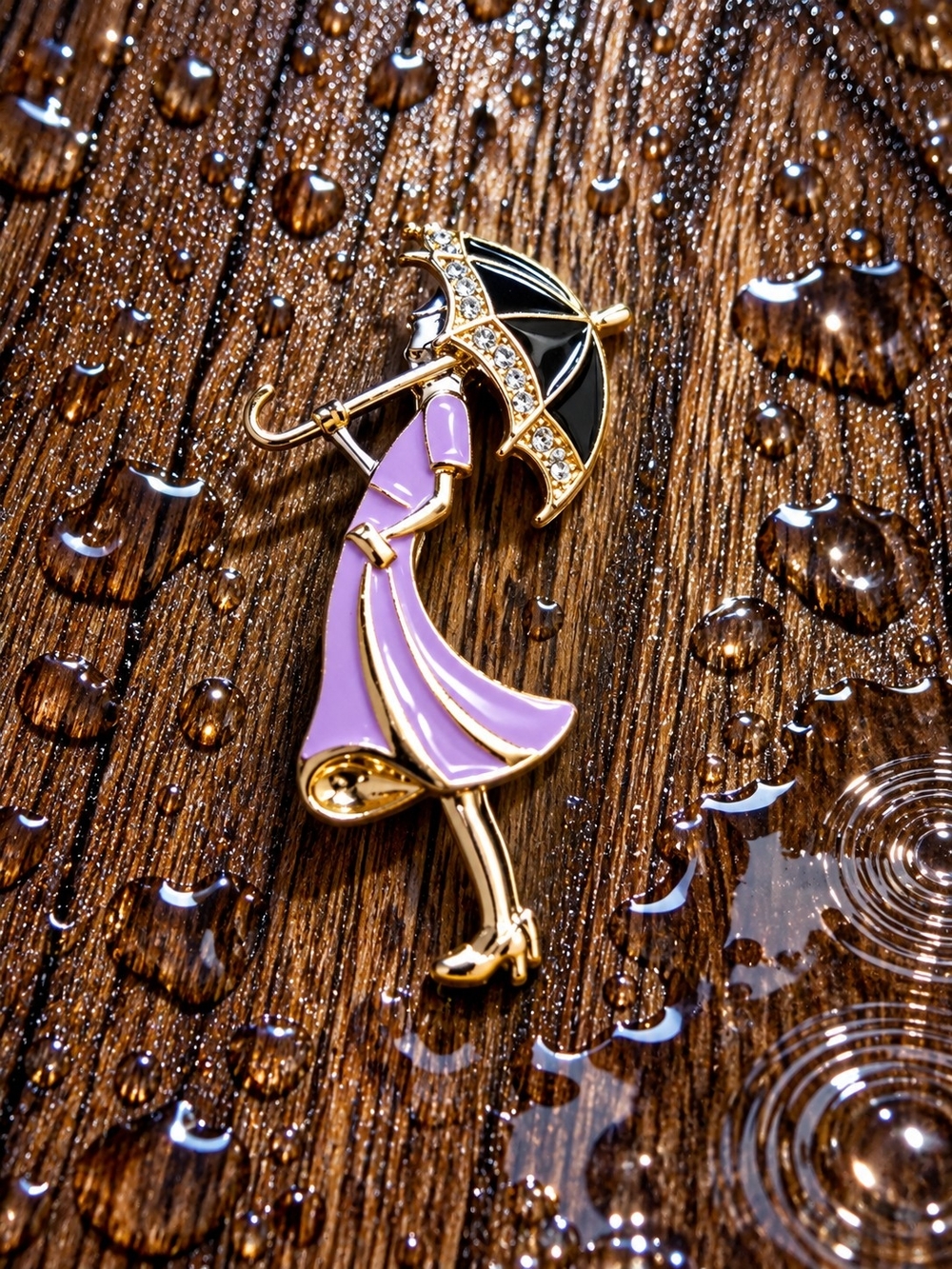 Mint Lavender Enamel Lady with Black Umbrella Brooch